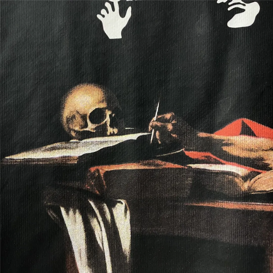 Top tested version OFFWHITE OW Caravaggio Skeleton Old Man Oil Painting for Men and Women Couple Pure Cotton Loose Religious Round Neck Pullover Hoodie Sweatshirt Exclusive version on the market, zp’s sales once hit a new high. Both the front and rear panels are printed using Kornit's digital direct printing process, with 7 colors sprayed and glazed solid film, giving the printing a jelly-like feel. The printing gradient is gentle, the texture is clear, and the color contrast is obvious. The fabric is made of 480g large fish scale pure cotton terry fabric, which is launched in a big way and has full drape. It can be compared with all versions on the market and is synchronized. Brand new 21s collar label, washed, hang tag, all customized. Size chart